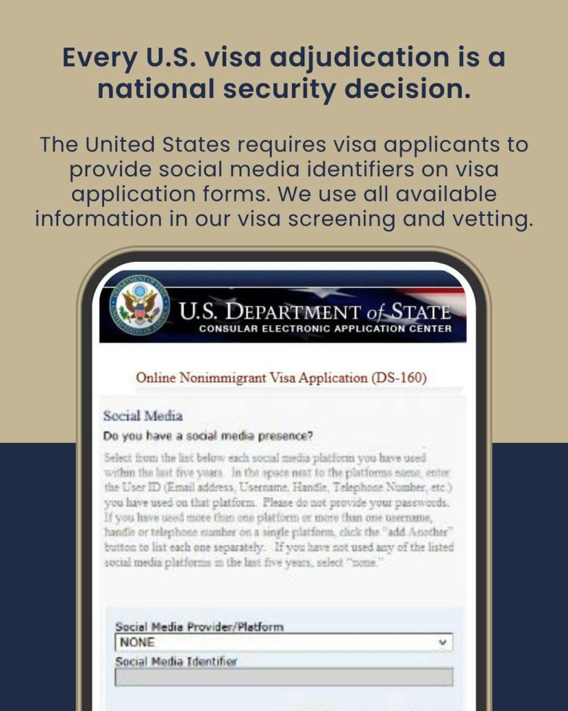 Failure to disclose social media could lead to US visa denial, embassy warns.