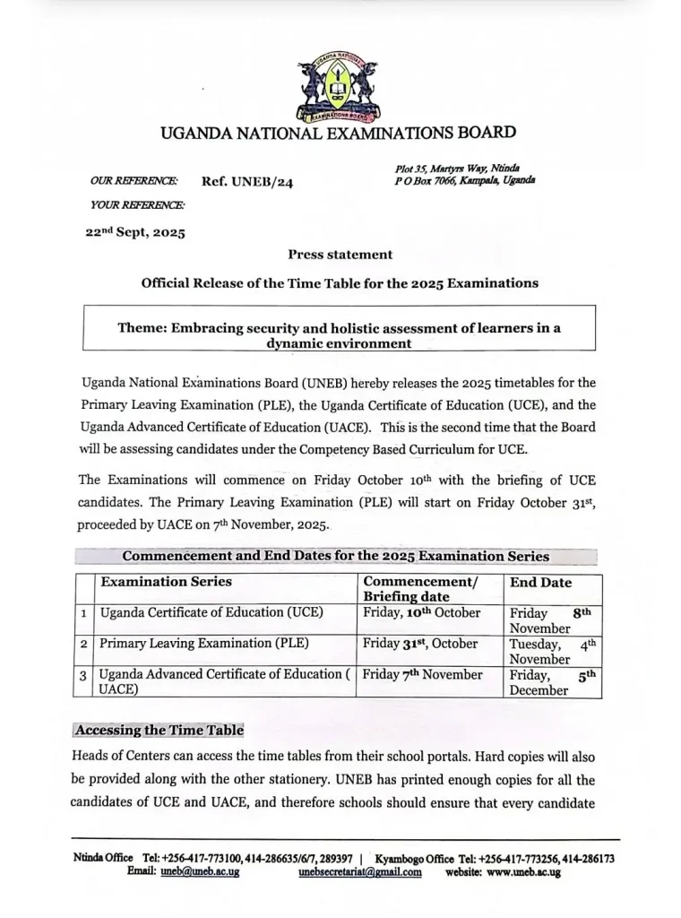 Uganda exam timetables released amid curriculum shift.